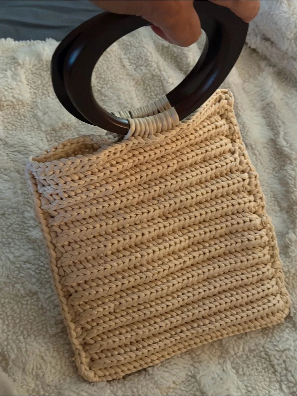 Handmade Cream Crochet Tote with Dark Wood Handles
